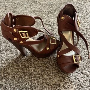Qupid Brown Strappy Heels with Gold Buckles